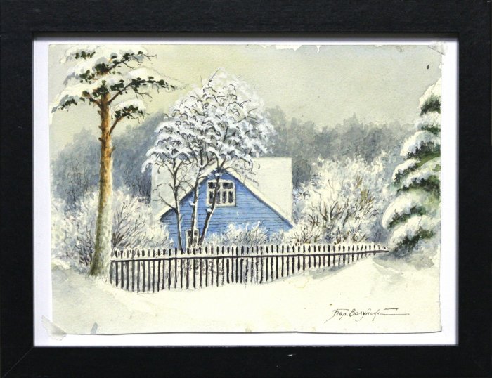 Акварель Зима в деревне
