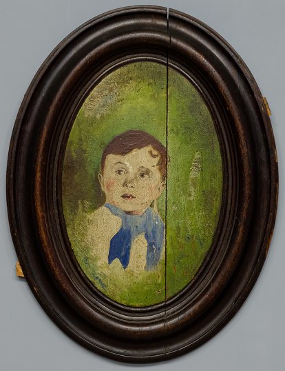 Старинная картина на дереве - Портрет мальчика